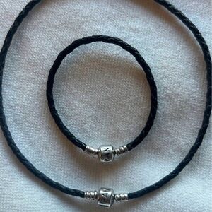 Pandora Retired Black Braided Leather Necklace (13.5”) & Bracelet (7”) Set